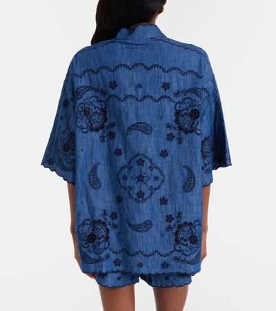 Zimmermann Aster Denim Shirt With All-over Contrasting Embroidery In Blue