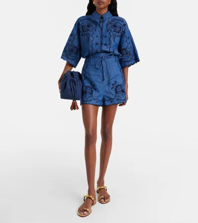 Zimmermann Aster Denim Shirt With All-over Contrasting Embroidery In Blue
