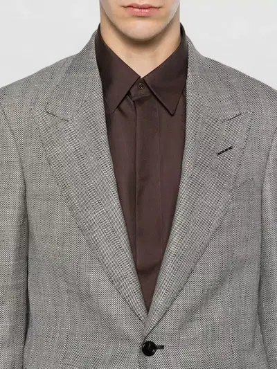 Tom Ford Herringbone Wool Silk Blend Tailored Blazer In Gray