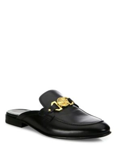 Shop Versace Calf Leather Open Back Loafers In Black