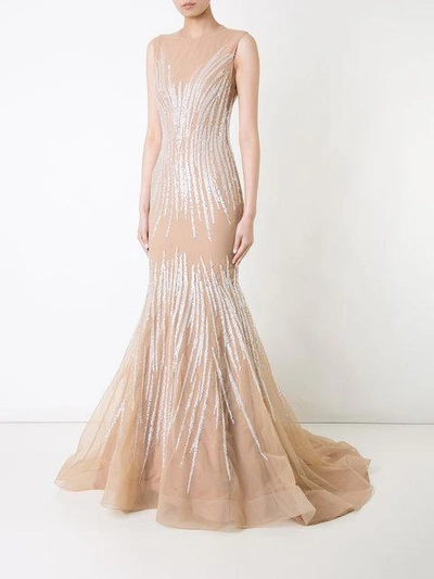 Shop Jean Fares Couture Sunray Beaded Mermaid Gown In Neutrals