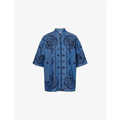 Zimmermann Aster Denim Shirt With All-over Contrasting Embroidery In Blue