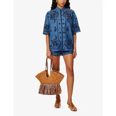 Zimmermann Aster Denim Shirt With All-over Contrasting Embroidery In Blue