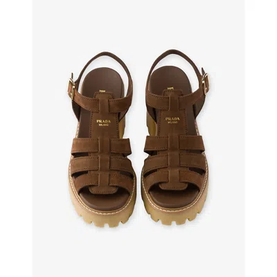 Prada High-heeled Suede Platform Sandals In Brown