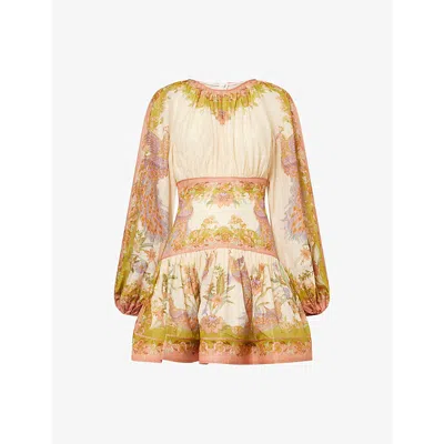 Zimmermann Womens Chartreuse Scarf Floral Indra Floral-print Cotton And Silk-blend Mini Dress Xxs In Multi