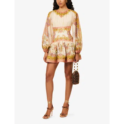 Zimmermann Womens Chartreuse Scarf Floral Indra Floral-print Cotton And Silk-blend Mini Dress Xxs In Multi