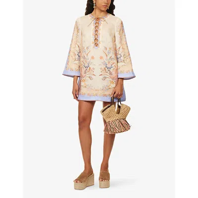 Zimmermann Womens Biscuit Scarf Floral Indra Floral-print Linen Tunic Mini Dress Xs In Neutral