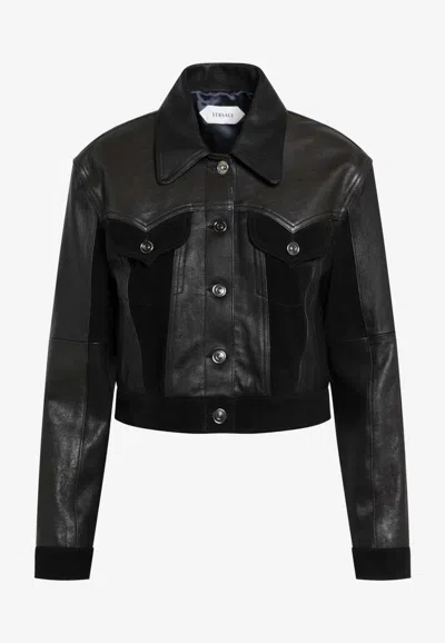 Versace Structured Leather Jacket With Suede Inserts In Black