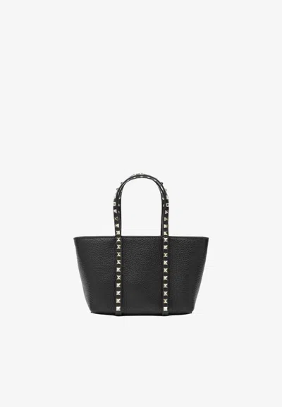 Valentino Rockstud Mini Tote In Hammered Leather In Black