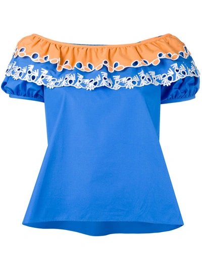Peter Pilotto Embroidered Off-the-shoulder Cotton Top In Blu