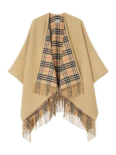 Burberry Wool Reversible Cape Mid Length Check Fringe In Brown