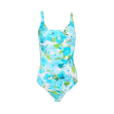 Chloé White And Blue Aqua Flower-print Lycra One-piece Swimsuit In Blue
