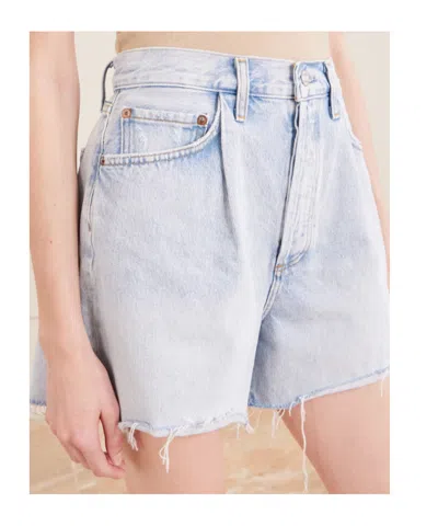 Agolde Rhoda Pleated Denim Cutoff Shorts In Blue