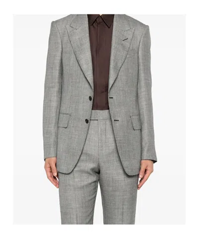 Tom Ford Herringbone Wool Silk Blend Tailored Blazer In Gray