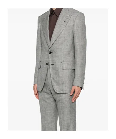 Tom Ford Herringbone Wool Silk Blend Tailored Blazer In Gray