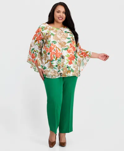 Kasper Plus Size Printed Ruffled-sleeve Blouse In Multi