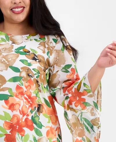 Kasper Plus Size Printed Ruffled-sleeve Blouse In Multi