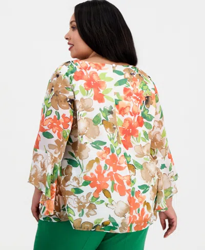 Kasper Plus Size Printed Ruffled-sleeve Blouse In Multi