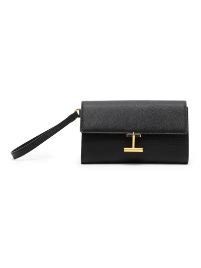 Tom Ford Rectangular Clutch Bag Metal Hardware Wrist Strap In Black