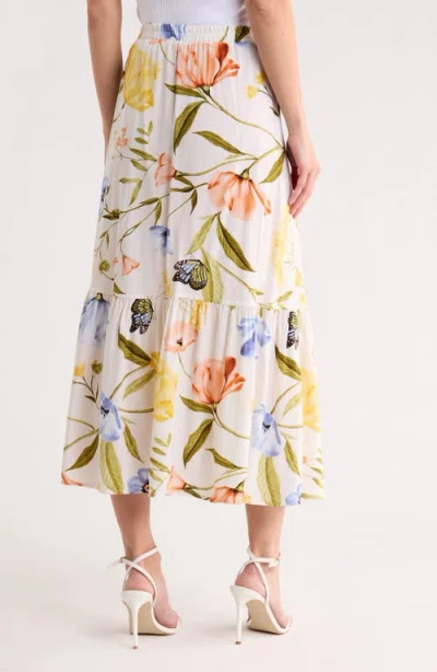 Ellen Tracy Button Front Flared Linen-blend Midi Skirt In Multi