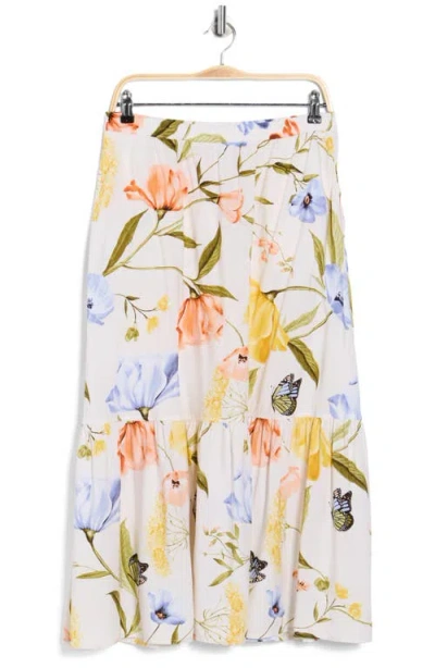 Ellen Tracy Button Front Flared Linen-blend Midi Skirt In Multi