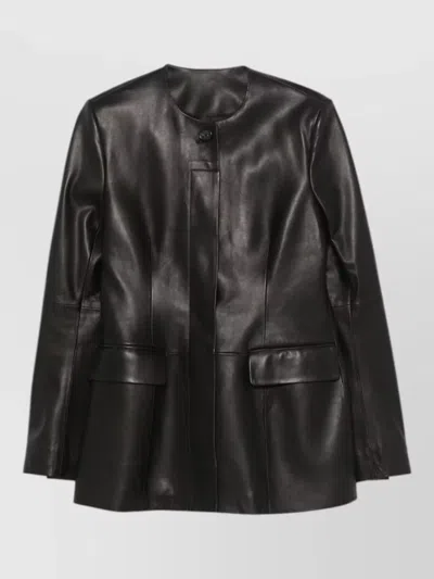Totême Lamb Leather Collarless Structured Jacket In Black