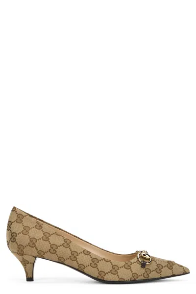 Gucci Women Beige And Dark Brown Gg Canvas Pumps With Horsebit In Neutral