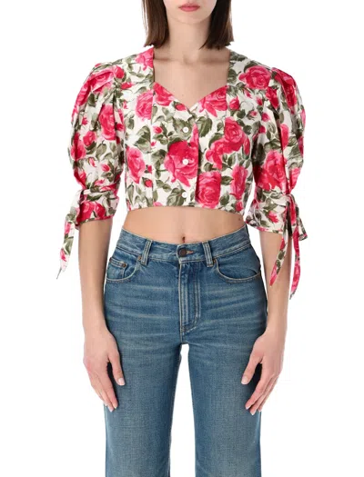Chloé Floral Cotton Puff-sleeve Button-front Crop Top In Multi