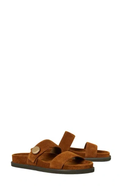 Tory Burch Romy Brown Sandals With Logo Plaque On The Front In Suede Woman In Brown