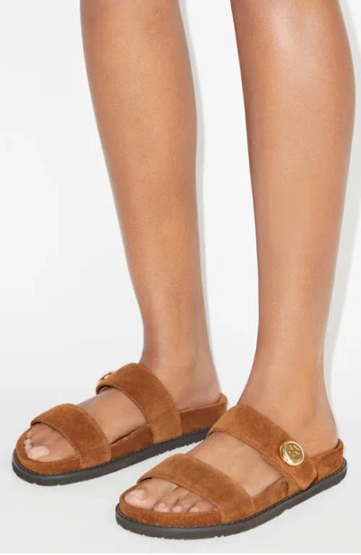 Tory Burch Romy Brown Sandals With Logo Plaque On The Front In Suede Woman In Brown