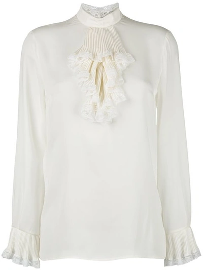 Gucci Ruffled Lace-trimmed Silk-georgette Blouse In Bianco