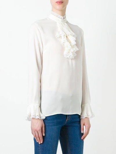 Shop Gucci Georgette And Lace Trim Blouse - White