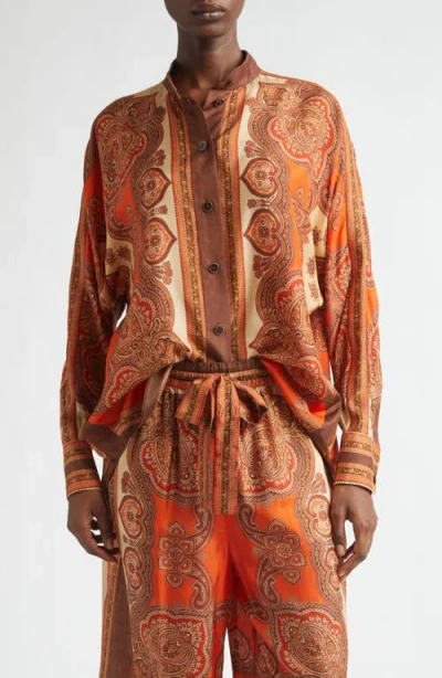 Zimmermann Tangerine Paisley-print Silk Habotai Mahon Dolman Shirt In Brown