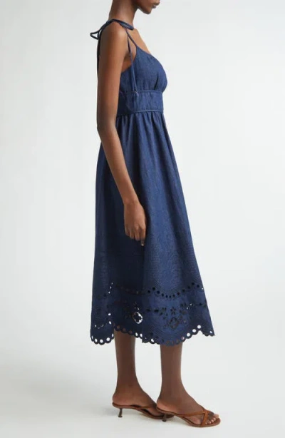 Zimmermann Mohan Broderie Anglaise Trim Denim Midi Dress In Blue