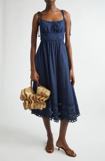 Zimmermann Mohan Broderie Anglaise Trim Denim Midi Dress In Blue