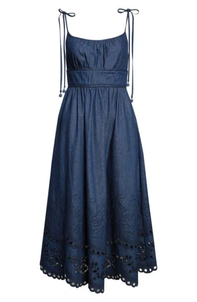 Zimmermann Mohan Broderie Anglaise Trim Denim Midi Dress In Blue