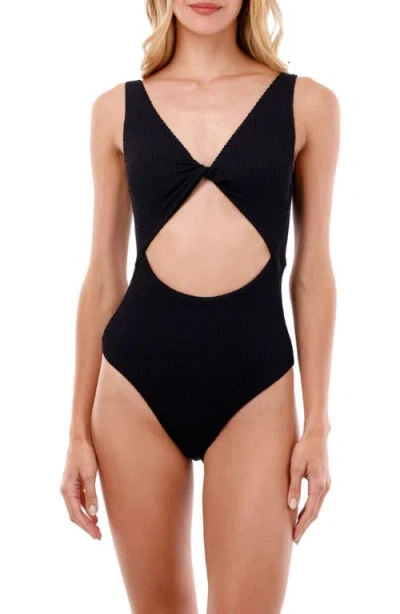 Malai Textured Wave Black Twix Cut Out Moderate Coverage One Piece In Black