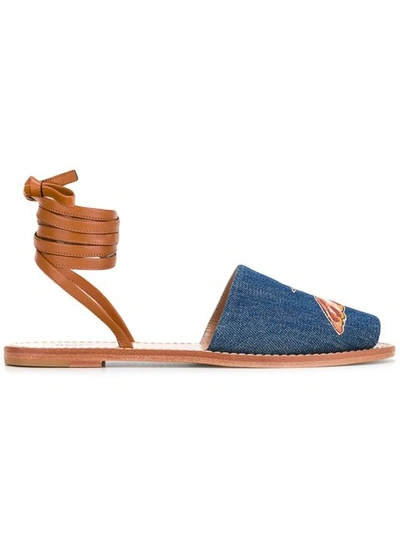 Red Valentino Hummingbirds Embroidered Denim Lace-up Sandal In Blue