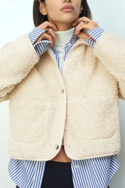 H&m Collared Teddy Jacket In White