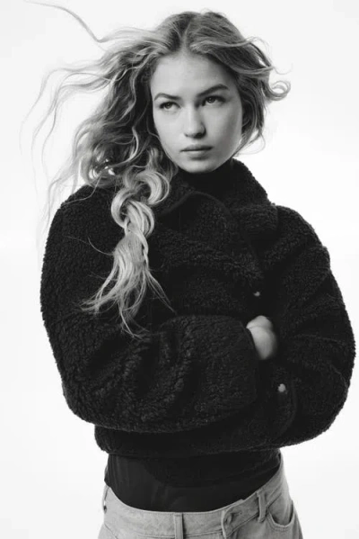 H&m Collared Teddy Jacket In Black