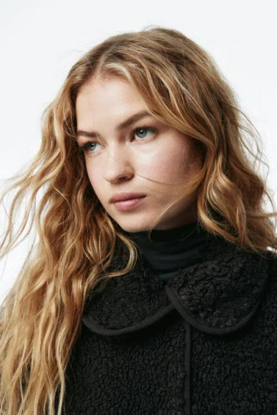 H&m Collared Teddy Jacket In Black