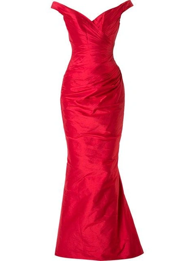 Shop Romona Keveza Off Shoulder Ruched Fishtail Gown - Red