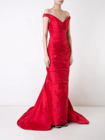 Shop Romona Keveza Off Shoulder Ruched Fishtail Gown - Red