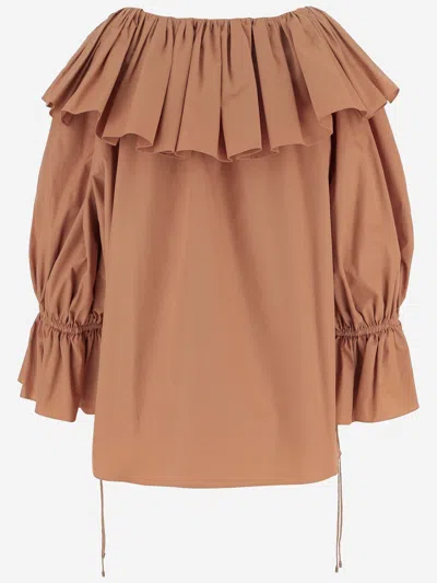Chloé Chloè Cotton Top With Ruffles In Brown