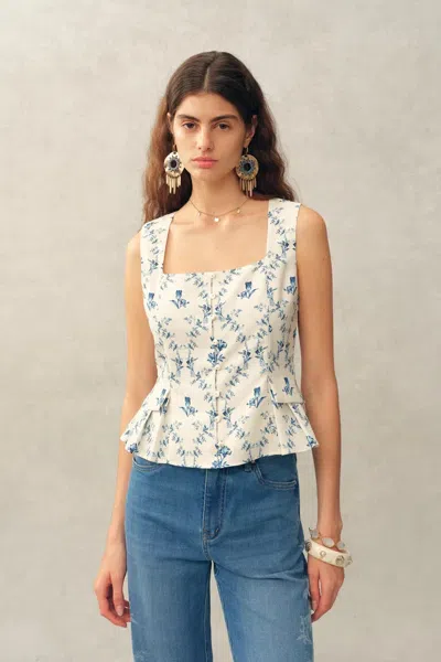 Fabrique Elara Pleated Floral Square Neck Pearl Button Sleeveless Top In Linen Blend In Multi