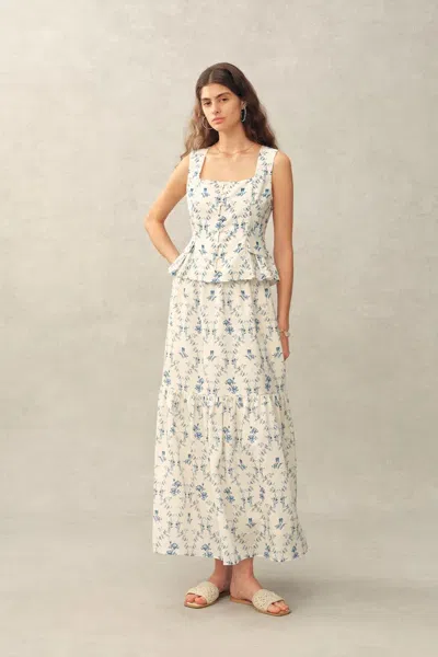 Fabrique Elara Pleated Floral Square Neck Pearl Button Sleeveless Top In Linen Blend In Multi