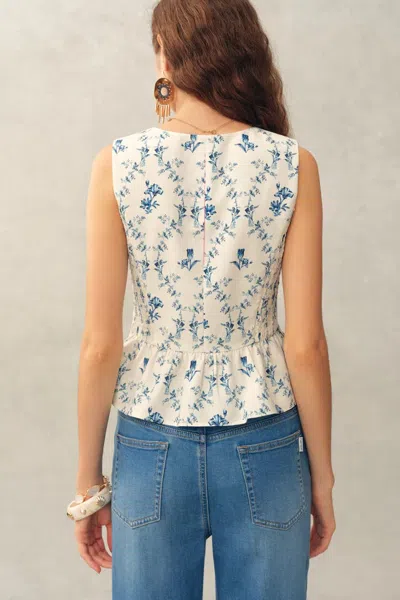 Fabrique Elara Pleated Floral Square Neck Pearl Button Sleeveless Top In Linen Blend In Multi