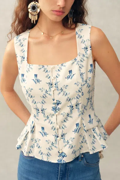 Fabrique Elara Pleated Floral Square Neck Pearl Button Sleeveless Top In Linen Blend In Multi