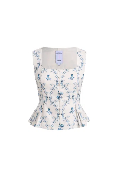 Fabrique Elara Pleated Floral Square Neck Pearl Button Sleeveless Top In Linen Blend In Multi