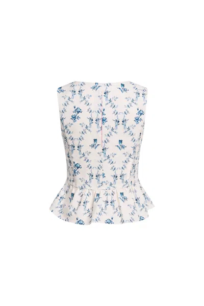 Fabrique Elara Pleated Floral Square Neck Pearl Button Sleeveless Top In Linen Blend In Multi